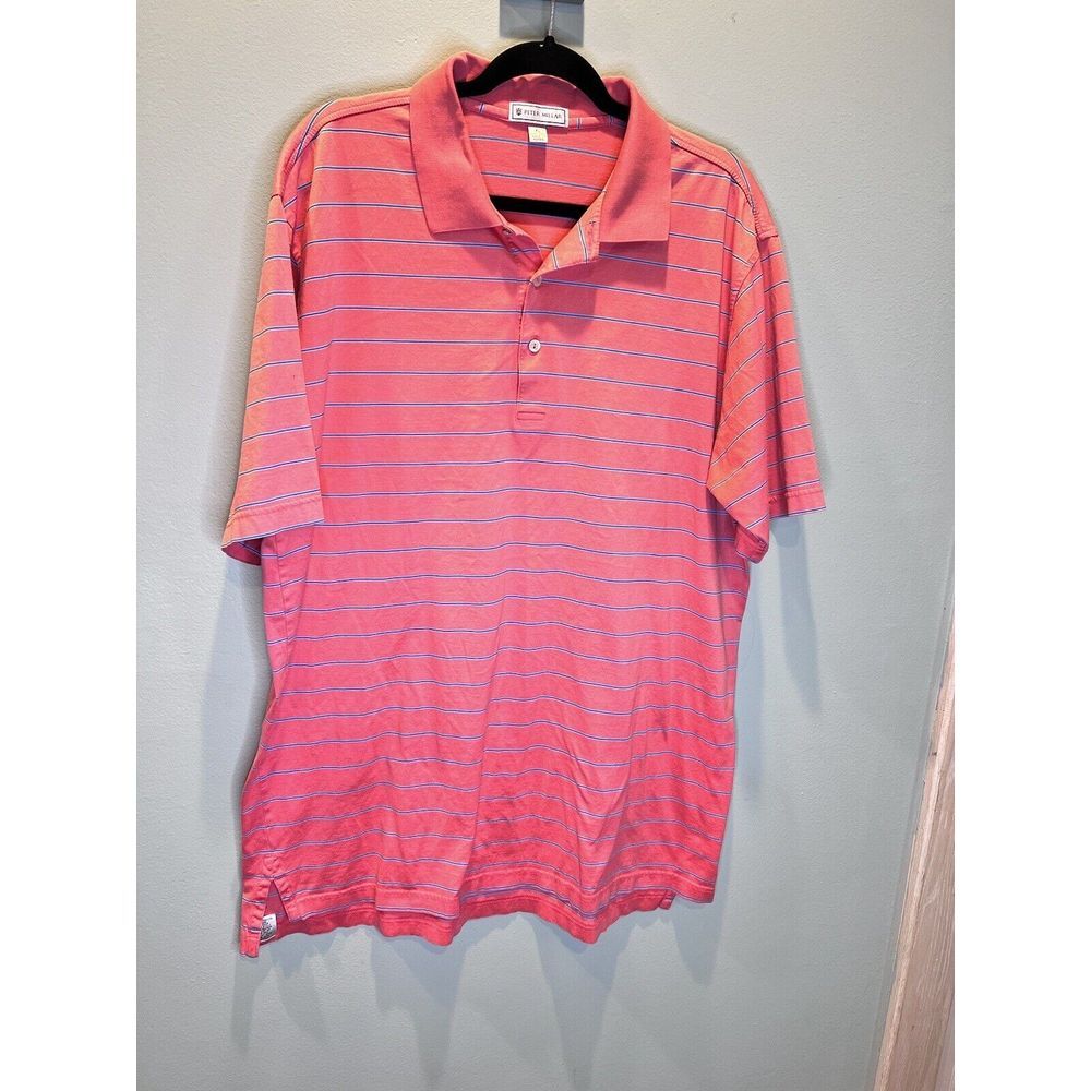 Peter Millar Polo Shirt Mens XL Peach/Blue Striped Cotton Short Sleeve